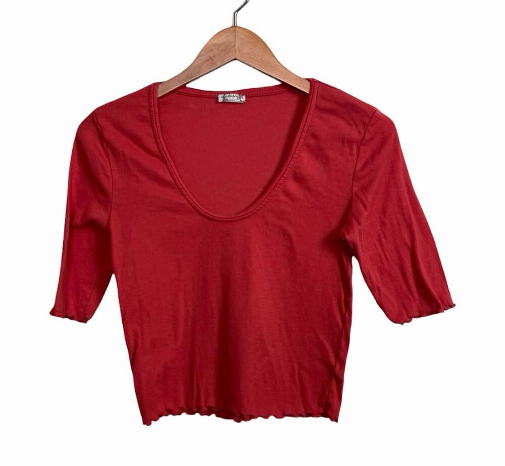 Intimately Free People Red Knit Scoop Neck Cropped Stretch Tee Short Sleeve S